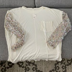 Free People White Sparkly Sleeve Tshirt NWT